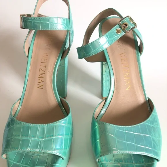 Green Capri Ice Iridescent Soft Crocodile Embossed Platform Heel Block Sandals - Picture 6 of 17